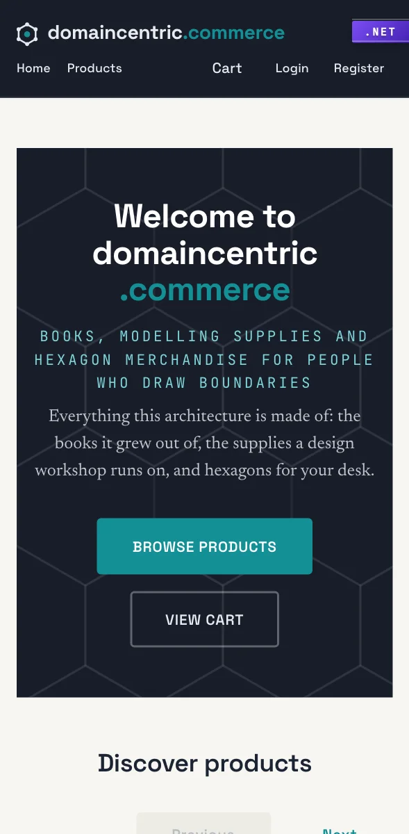 The same .NET shop on a phone: the logo on its own line, every link under it, the violet .NET tag in the top-right corner