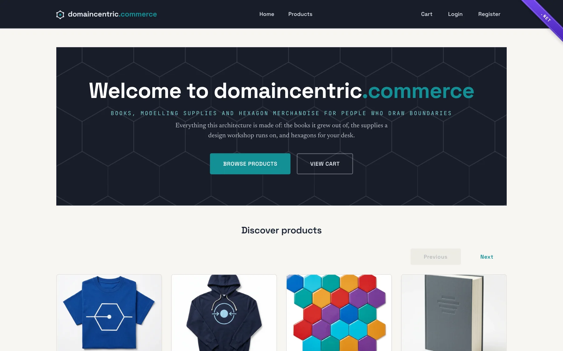 The .NET shop on a desktop browser: the domaincentric.commerce home page with its hero and a violet .NET ribbon in the corner